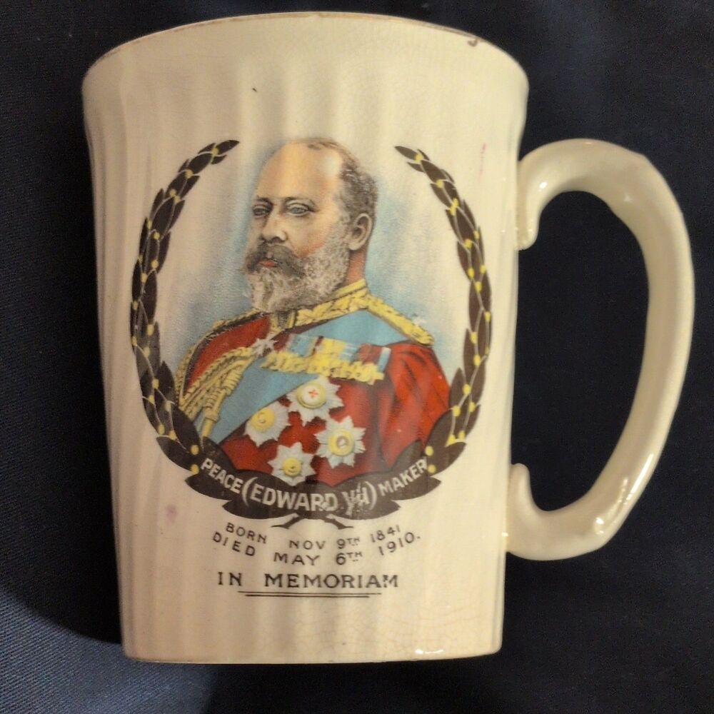 Antique Illustrated Mug Edward VII In Memoriam British Royalty 1910 England
